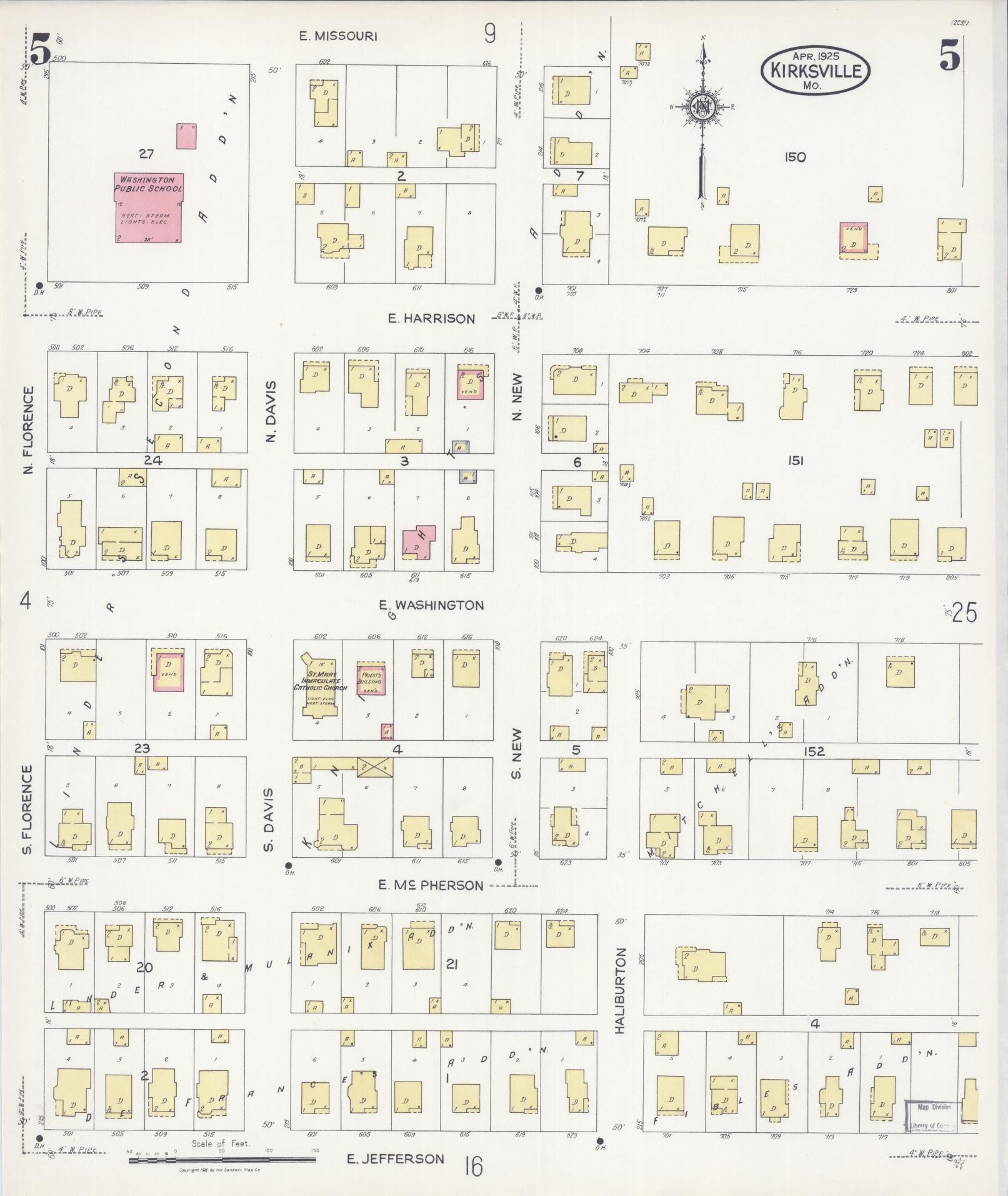 Sanborn Fire Insurance Map from Kirksville, Adair County, Missouri (1925), Sheet #0005 - Historic Sanborn Fire Insurance Map Print, vintage old map wall art, antique decor, genealogy gift, Missouri Missouri map