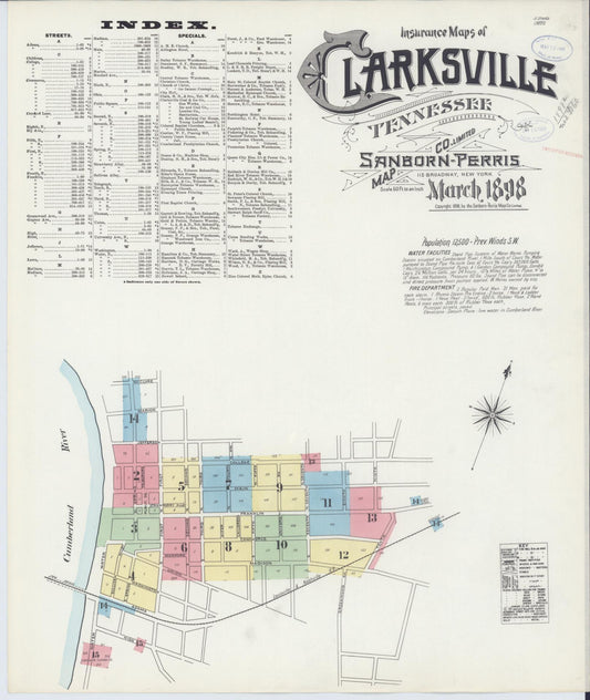 Sanborn Fire Insurance Map from Clarksville, Montgomery County, Tennessee (1898), Sheet #0001 - Historic Sanborn Fire Insurance Map Print, vintage old map wall art, antique decor, genealogy gift, Tennessee Tennessee map