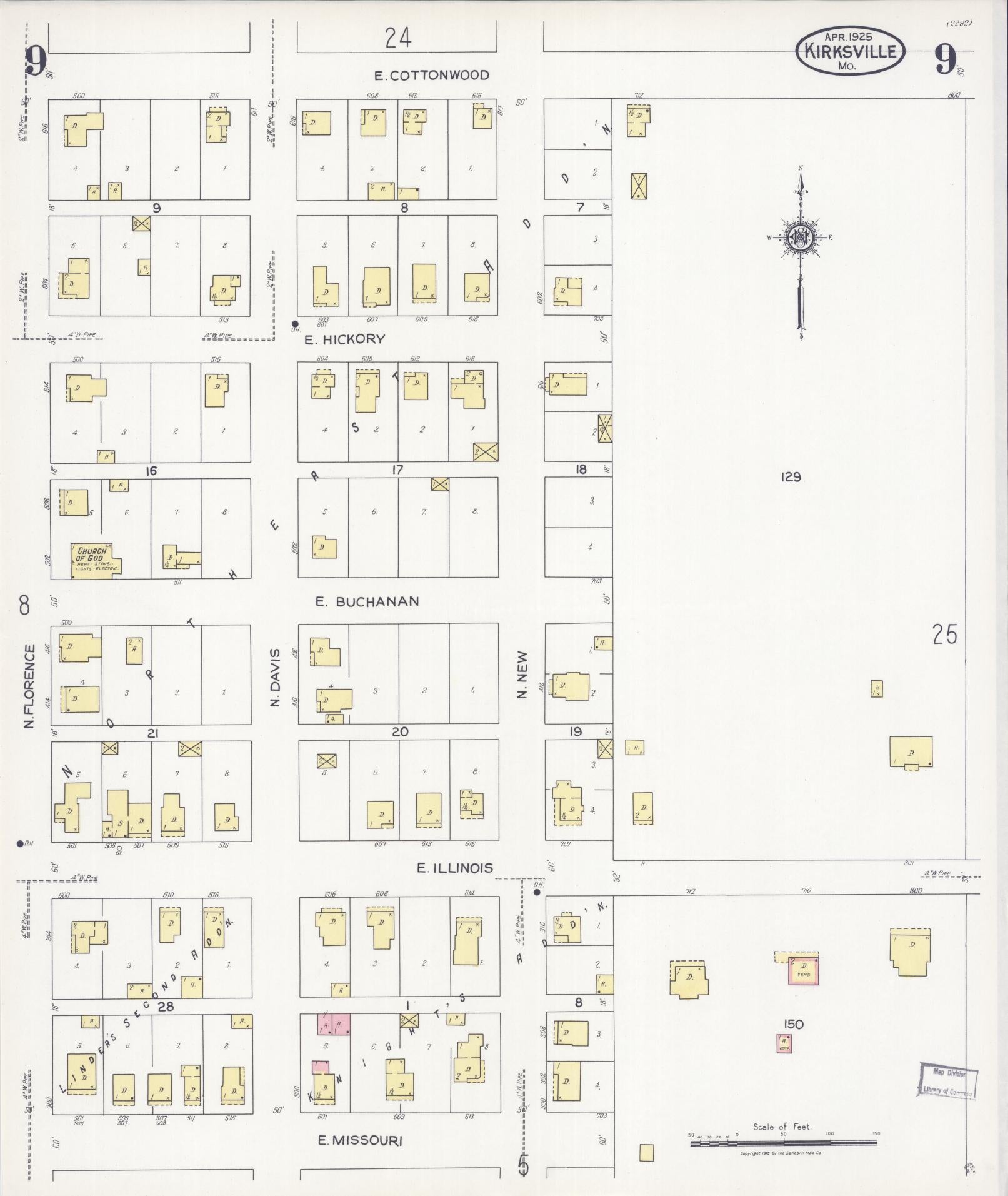Sanborn Fire Insurance Map from Kirksville, Adair County, Missouri (1925), Sheet #0009 - Historic Sanborn Fire Insurance Map Print, vintage old map wall art, antique decor, genealogy gift, Missouri Missouri map