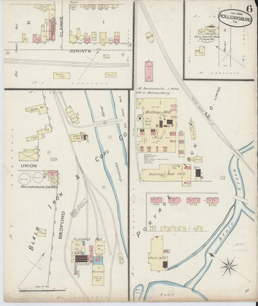 Sanborn Fire Insurance Map from Hollidaysburg, Blair County, Pennsylvania (1886), Sheet #0006 - Historic Sanborn Fire Insurance Map Print, vintage old map wall art, antique decor, genealogy gift, Pennsylvania Pennsylvania map