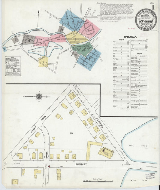 Sanborn Fire Insurance Map from Maynard, Middlesex County, Massachusetts (1910), Sheet #0001 - Historic Sanborn Fire Insurance Map Print, vintage old map wall art, antique decor, genealogy gift, Massachusetts Massachusetts map