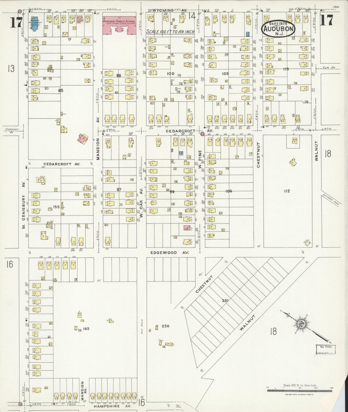 Sanborn Fire Insurance Map from Audubon, Camden County, New Jersey (1924), Sheet #0017 - Historic Sanborn Fire Insurance Map Print, vintage old map wall art, antique decor, genealogy gift, New Jersey New Jersey map