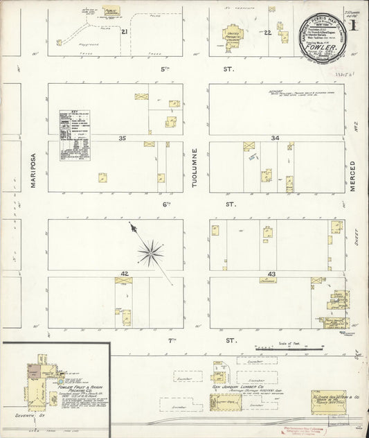 Sanborn Fire Insurance Map from Fowler, Fresno County, California (1891), Sheet #0001 - Complete Map Set gallery image, historic Sanborn map, vintage wall art, California California