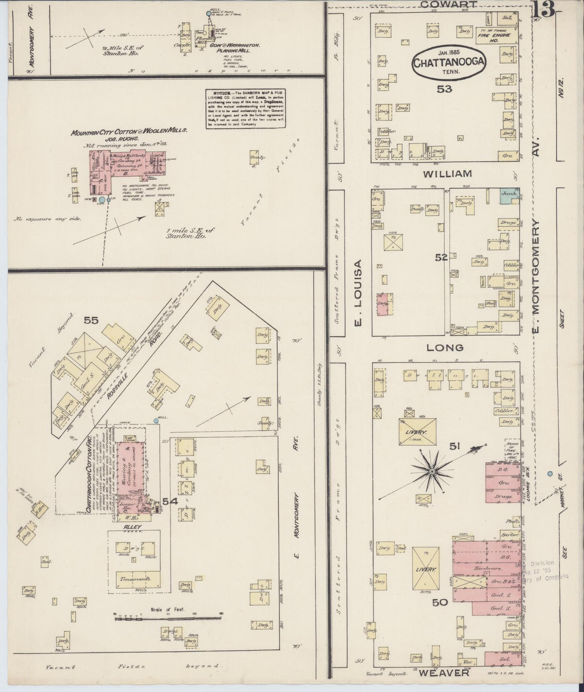 Sanborn Fire Insurance Map from Chattanooga, Hamilton County, Tennessee (1885), Sheet #0013 - Historic Sanborn Fire Insurance Map Print, vintage old map wall art, antique decor, genealogy gift, Tennessee Tennessee map