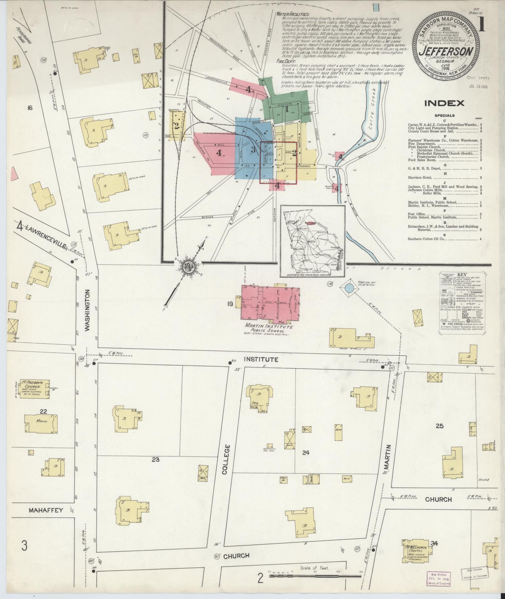 Sanborn Fire Insurance Map from Jefferson, Jackson County, Georgia (1916), Sheet #0001 - Complete Map Set gallery image, historic Sanborn map, vintage wall art, Georgia Georgia