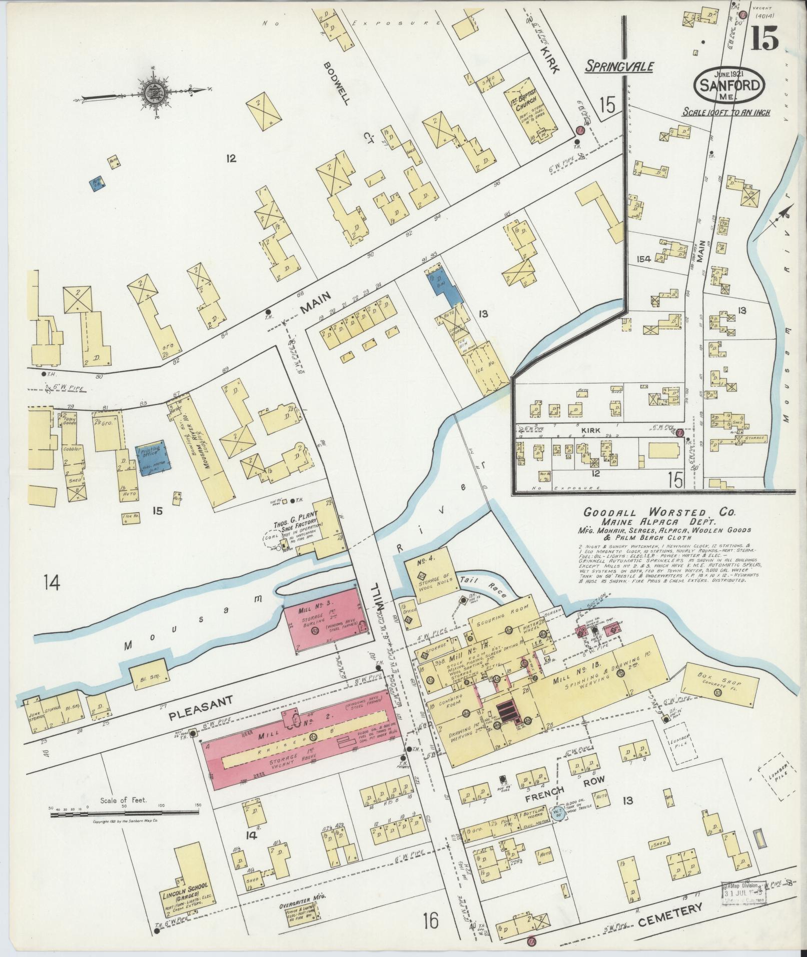 Sanborn Fire Insurance Map from Sanford, York County, Maine (1921), Sheet #0015 - Complete Map Set gallery image, historic Sanborn map, vintage wall art, Maine Maine
