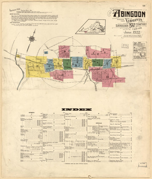 Sanborn Fire Insurance Map from Abingdon, Washington County, Virginia (1922), Sheet #0001 - Historic Sanborn Fire Insurance Map Print, vintage old map wall art, antique decor, genealogy gift, Virginia Virginia map