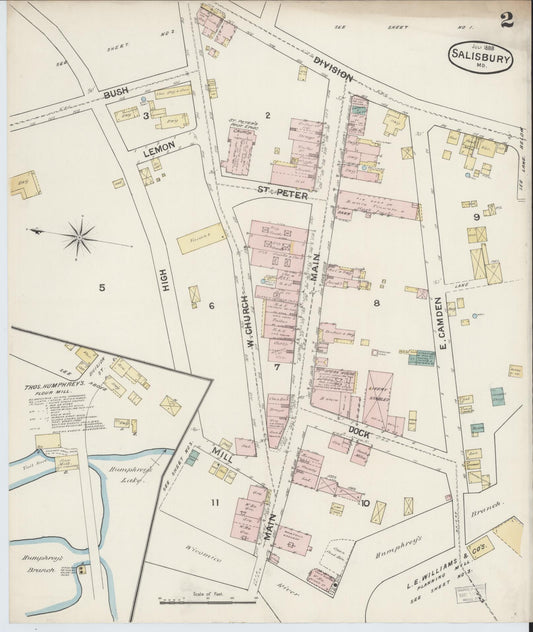 Sanborn Fire Insurance Map from Salisbury, Wicomico County, Maryland (1888), Sheet #0002 - Historic Sanborn Fire Insurance Map Print, vintage old map wall art