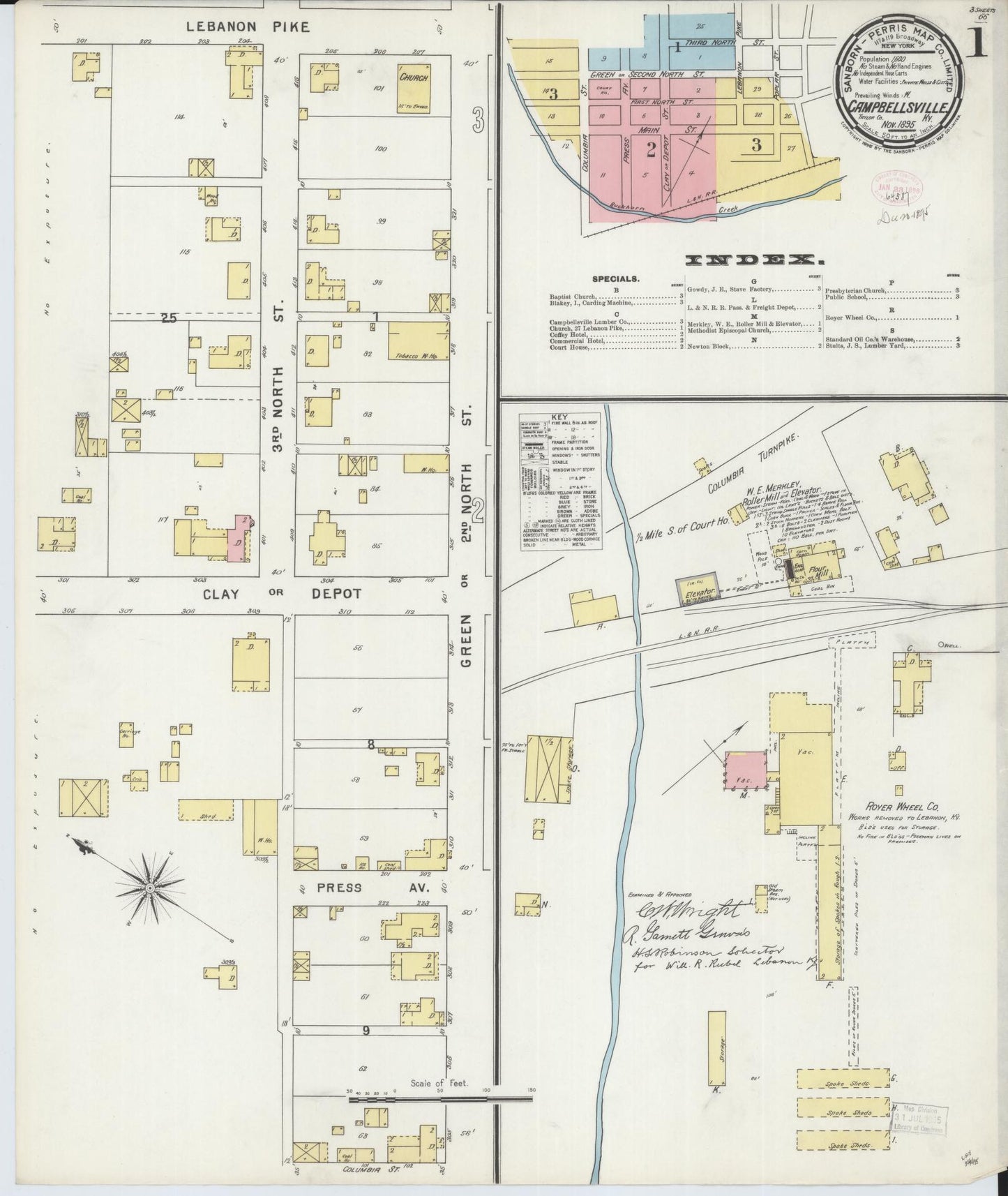 Sanborn Fire Insurance Map from Campbellsville, Taylor County, Kentucky (1895), Sheet #0001 - Complete Map Set gallery image, historic Sanborn map, vintage wall art, Kentucky Kentucky