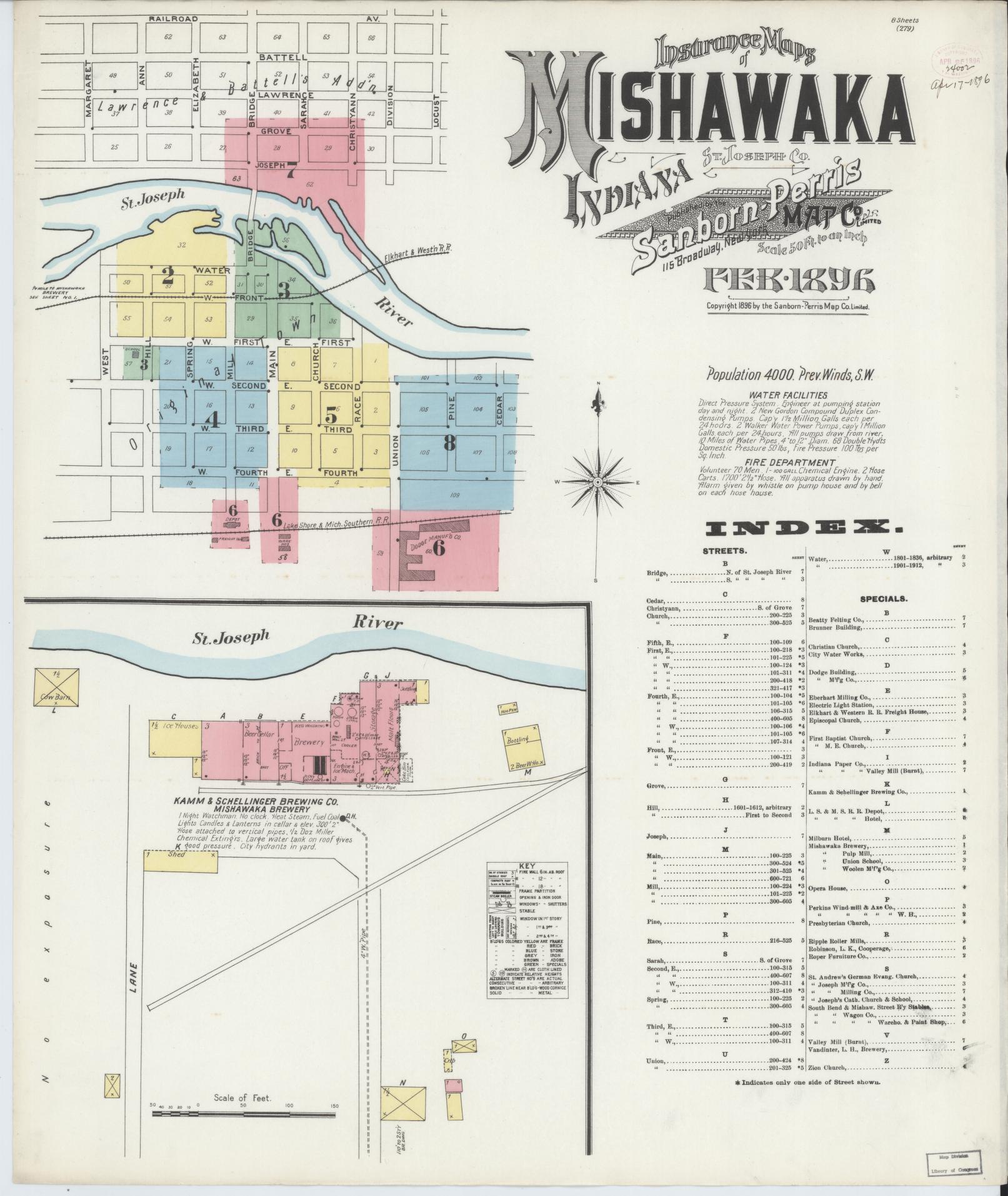 Sanborn Fire Insurance Map from Mishawaka, Saint Joseph County, Indiana. (1896) – Historic Sanborn Fire Insurance Map Print