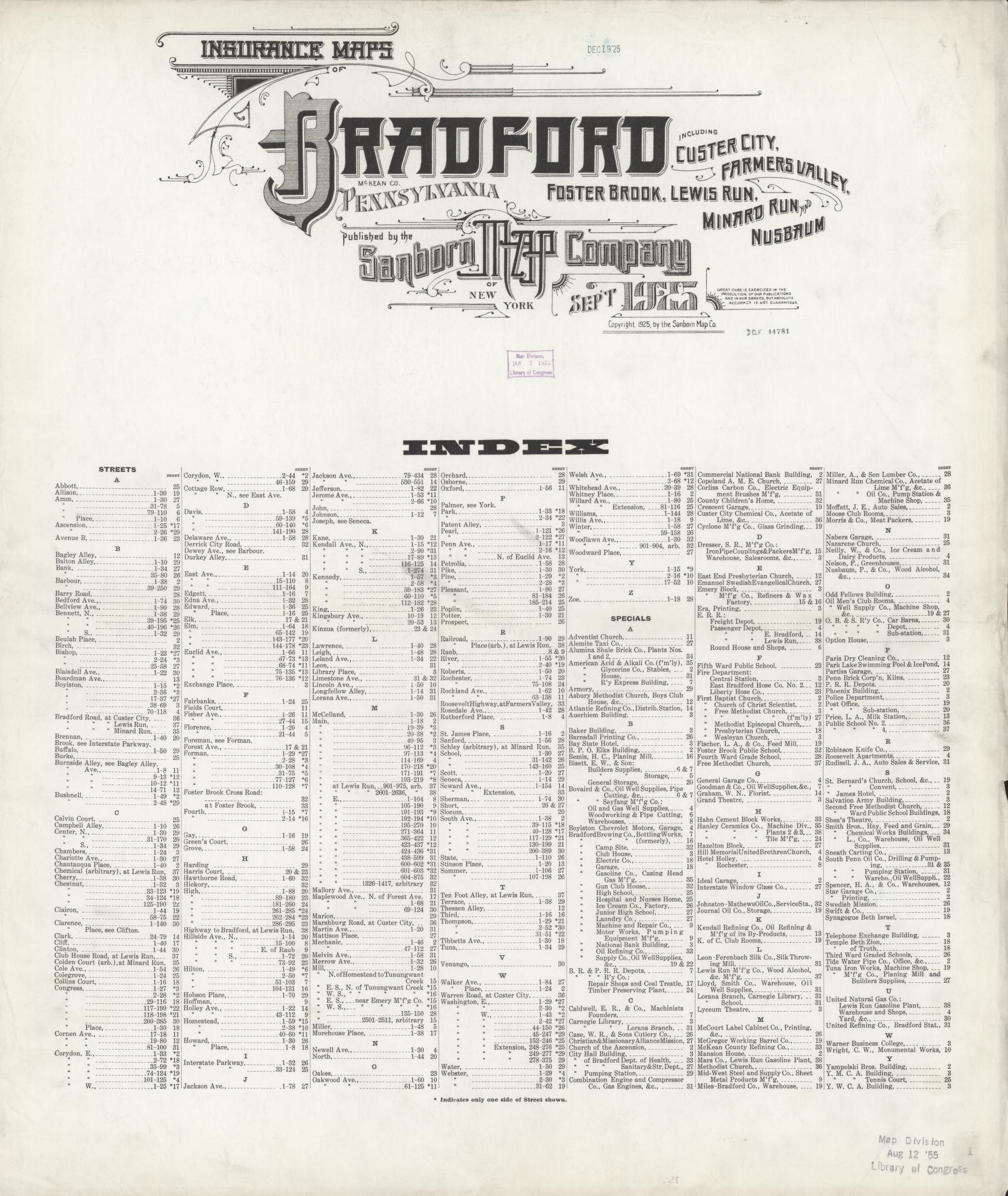 Sanborn Fire Insurance Map from Bradford, McKean County, Pennsylvania (1925), Sheet #0001 - Historic Sanborn Fire Insurance Map Print, vintage old map wall art, antique decor, genealogy gift, Pennsylvania Pennsylvania map