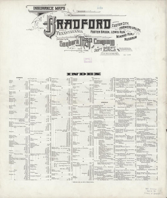Sanborn Fire Insurance Map from Bradford, McKean County, Pennsylvania (1925), Sheet #0001 - Historic Sanborn Fire Insurance Map Print, vintage old map wall art, antique decor, genealogy gift, Pennsylvania Pennsylvania map