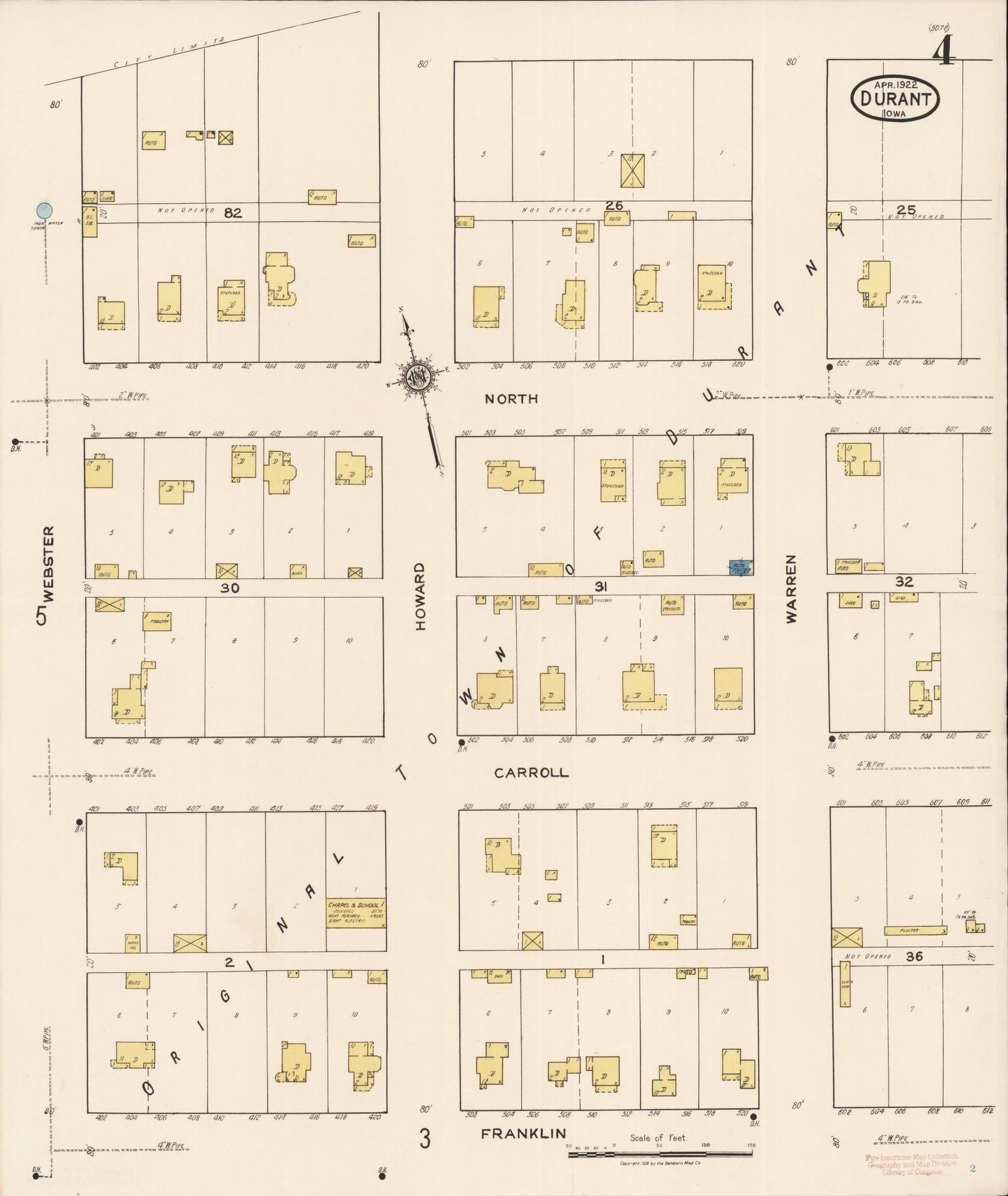 Sanborn Fire Insurance Map from Durant, Cedar County, Iowa (1922), Sheet #0004 - Historic Sanborn Fire Insurance Map Print, vintage old map wall art