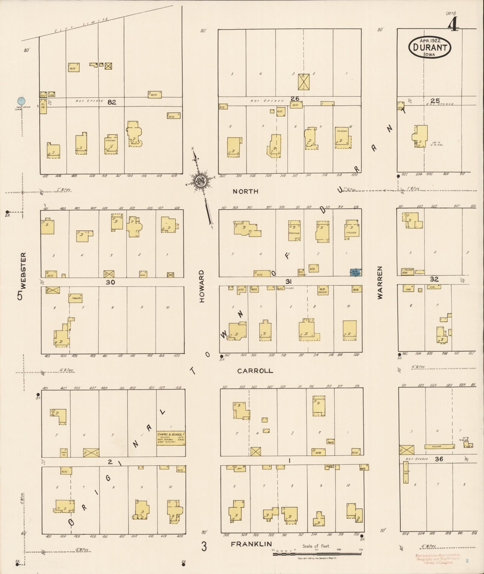 Sanborn Fire Insurance Map from Durant, Cedar County, Iowa (1922), Sheet #0004 - Historic Sanborn Fire Insurance Map Print, vintage old map wall art