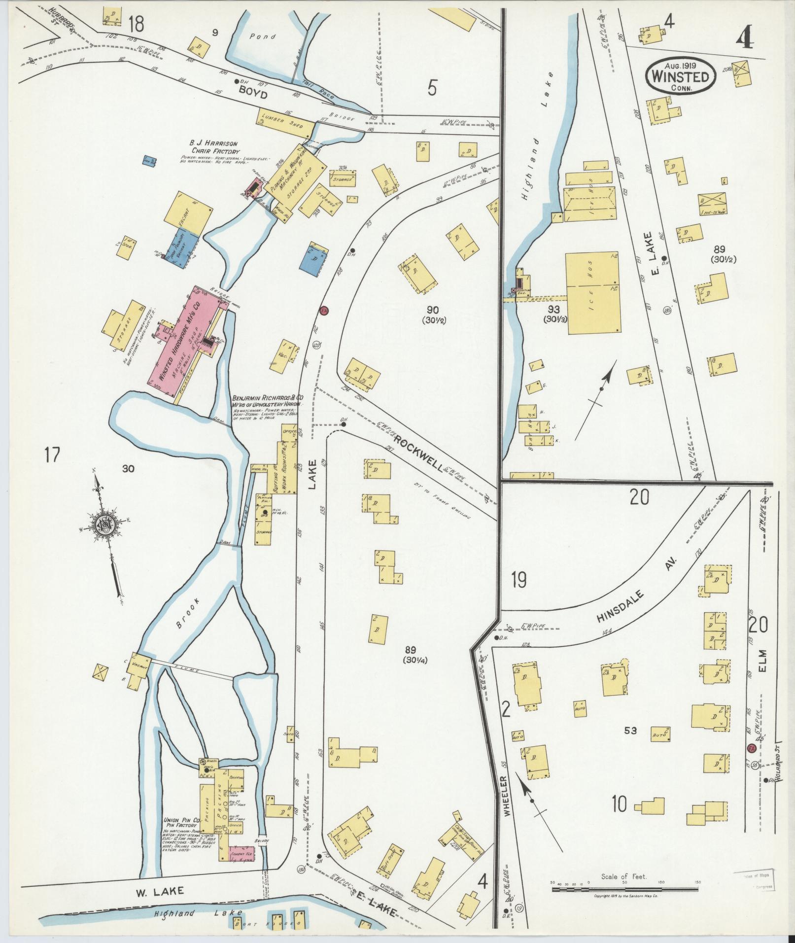 Sanborn Fire Insurance Map from Winsted, Litchfield County, Connecticut (1919), Sheet #0004 - Historic Sanborn Fire Insurance Map Print, vintage old map wall art, antique decor, genealogy gift, Connecticut Connecticut map