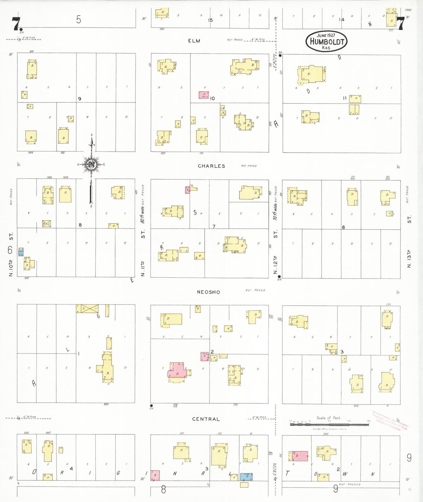 Sanborn Fire Insurance Map from Humboldt, Allen County, Kansas (1927), Sheet #0007 - Historic Sanborn Fire Insurance Map Print, vintage old map wall art, antique decor, genealogy gift, Kansas Kansas map