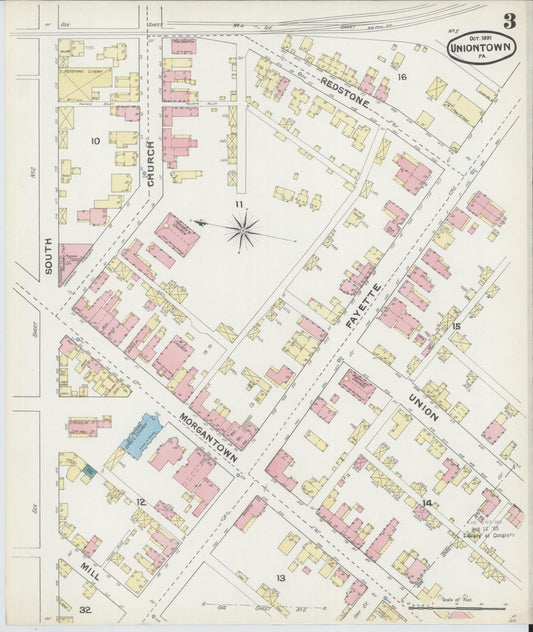 Sanborn Fire Insurance Map from Uniontown, Fayette County, Pennsylvania (1891), Sheet #0003 - Historic Sanborn Fire Insurance Map Print, vintage old map wall art, antique decor, genealogy gift, Pennsylvania Pennsylvania map