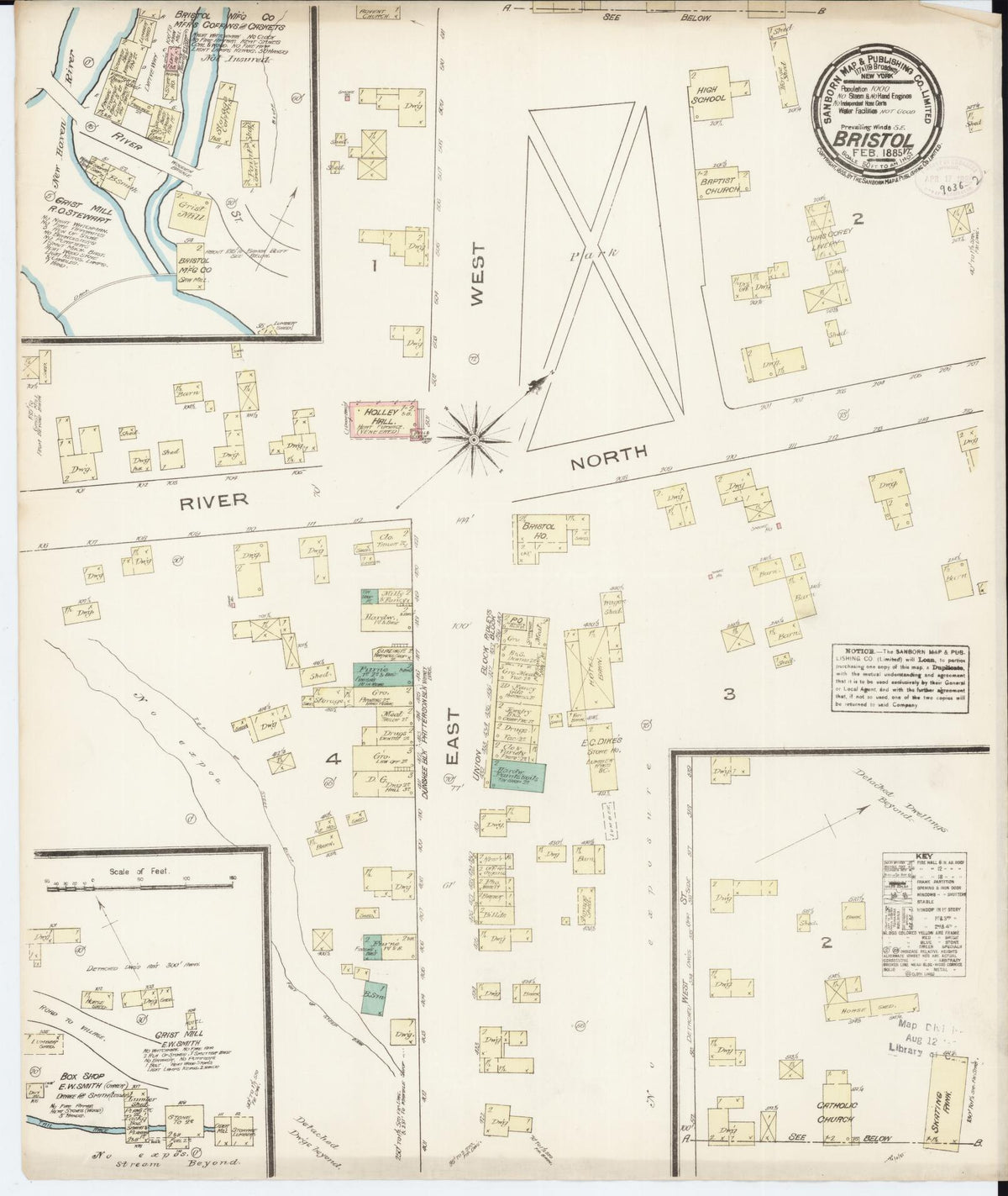 Sanborn Fire Insurance Map from Bristol, Addison County, Vermont (1885), Sheet #0001 - Historic Sanborn Fire Insurance Map Print, vintage old map wall art, antique decor, genealogy gift, Vermont Vermont map