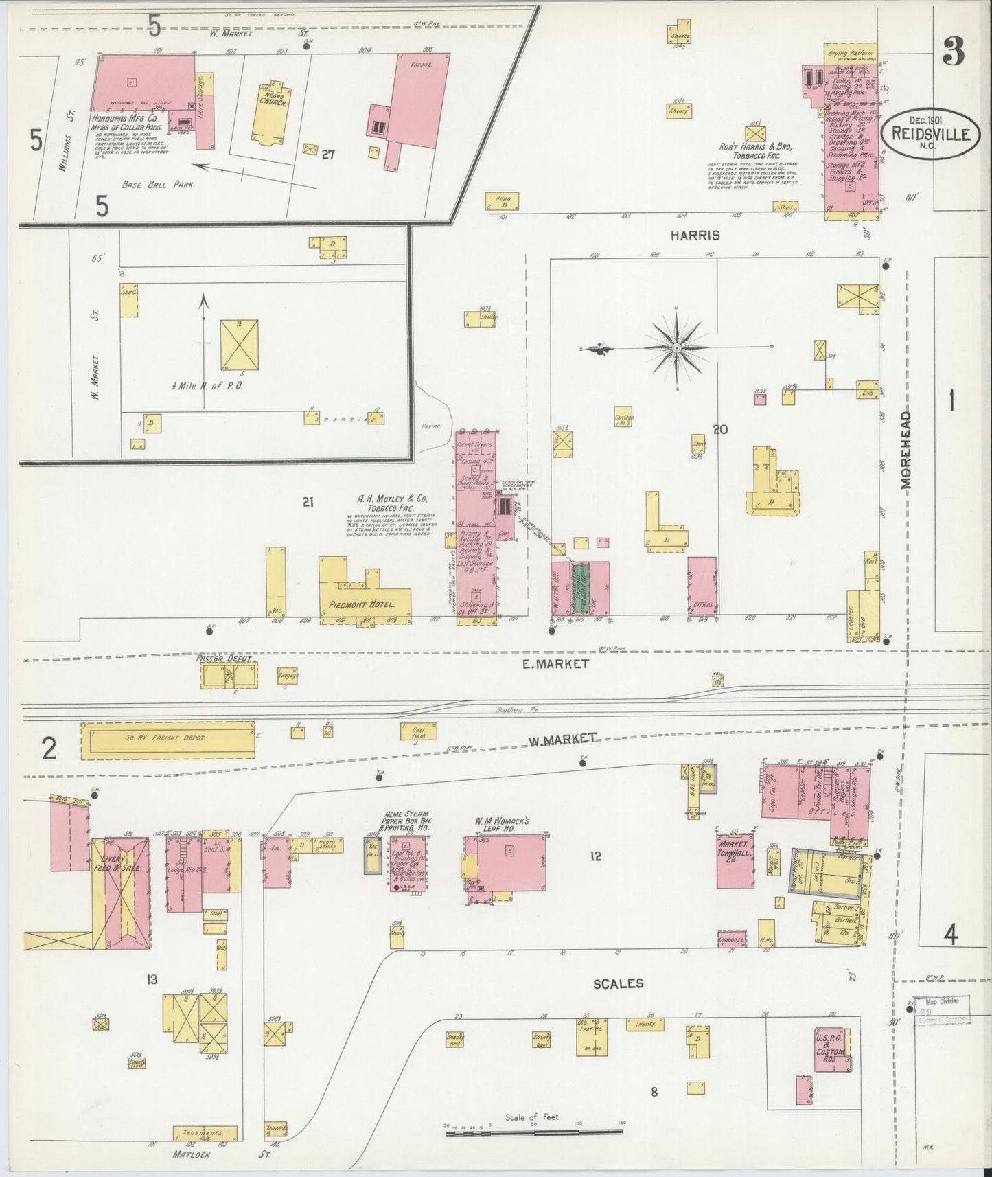 Sanborn Fire Insurance Map from Reidsville, Rockingham County, North Carolina (1901), Sheet #0003 - Historic Sanborn Fire Insurance Map Print, vintage old map wall art, antique decor, genealogy gift, North Carolina North Carolina map