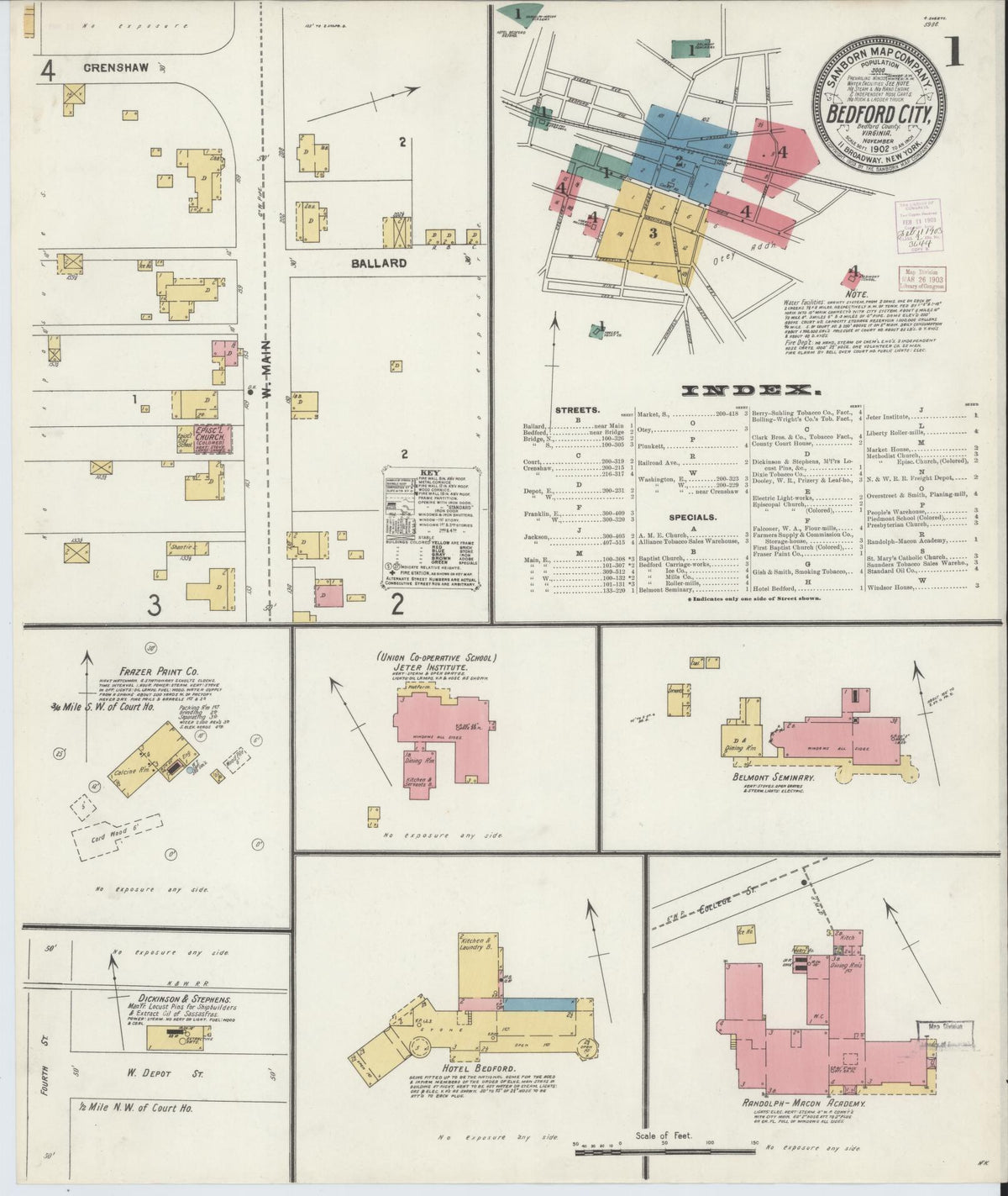Sanborn Fire Insurance Map from Bedford, Independent Cities, Virginia (1902), Sheet #0001 - Historic Sanborn Fire Insurance Map Print, vintage old map wall art, antique decor, genealogy gift, Virginia Virginia map