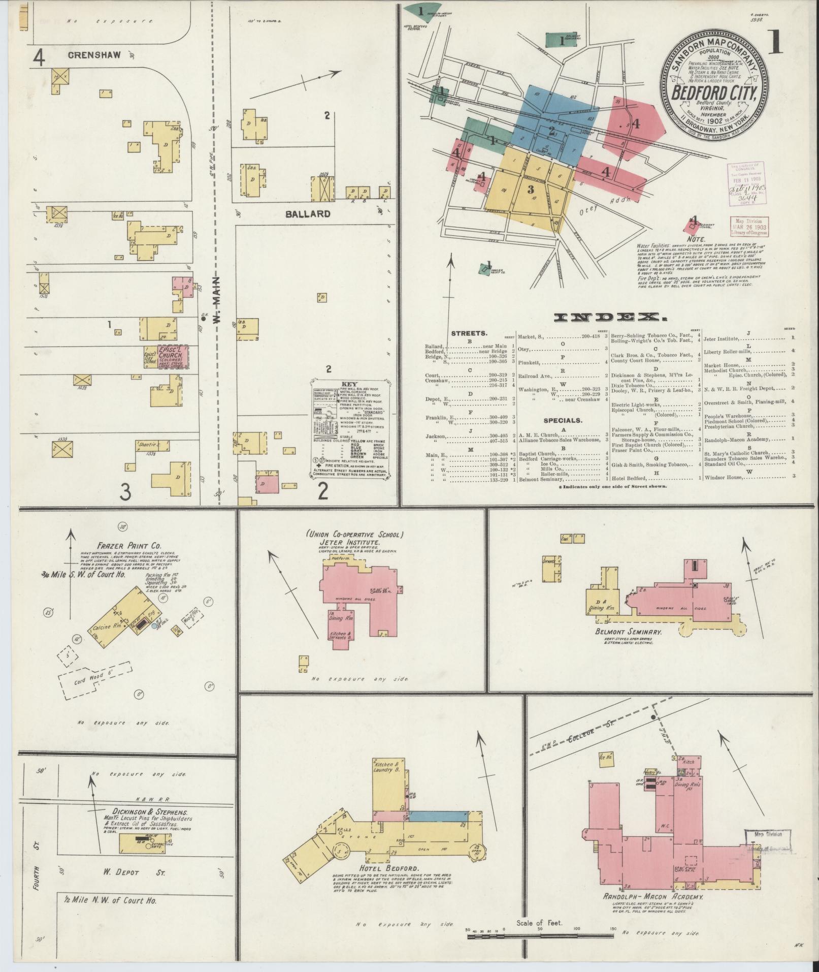 Sanborn Fire Insurance Map from Bedford, Independent Cities, Virginia (1902), Sheet #0001 - Historic Sanborn Fire Insurance Map Print, vintage old map wall art, antique decor, genealogy gift, Virginia Virginia map