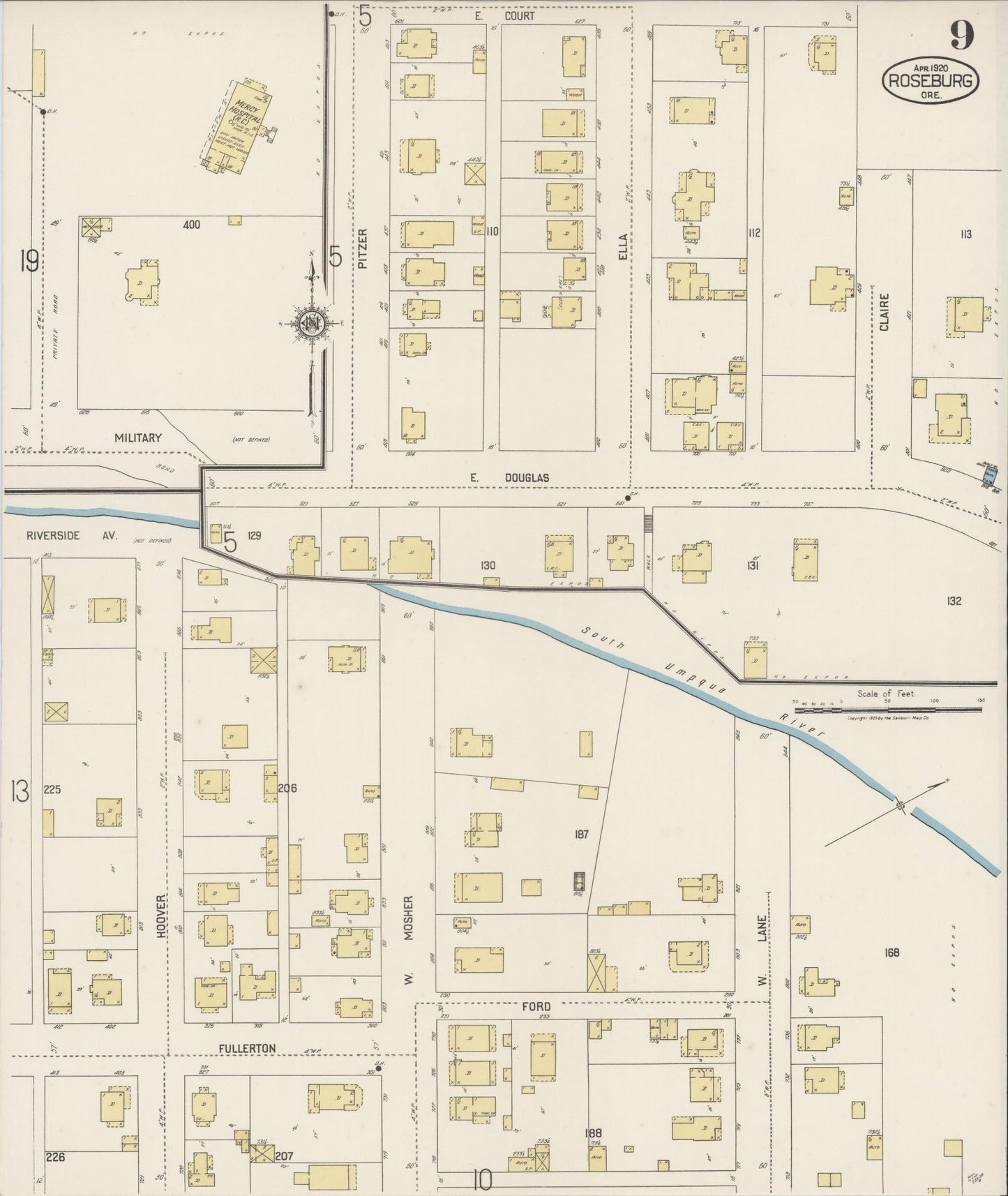 Sanborn Fire Insurance Map from Roseburg, Douglas County, Oregon (1920), Sheet #0009 - Complete Map Set gallery image, historic Sanborn map, vintage wall art, Oregon Oregon