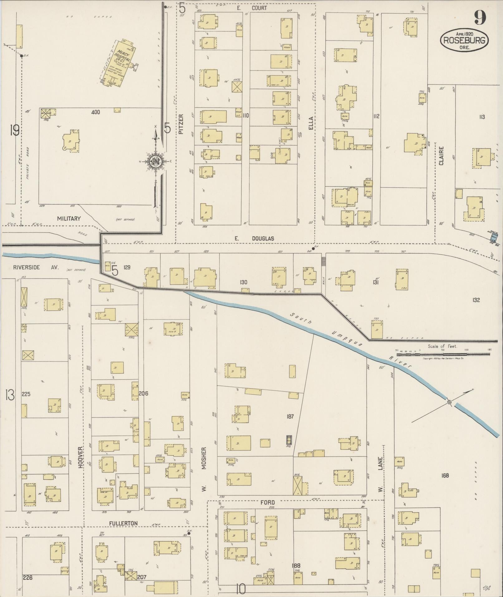 Sanborn Fire Insurance Map from Roseburg, Douglas County, Oregon (1920), Sheet #0009 - Complete Map Set gallery image, historic Sanborn map, vintage wall art, Oregon Oregon