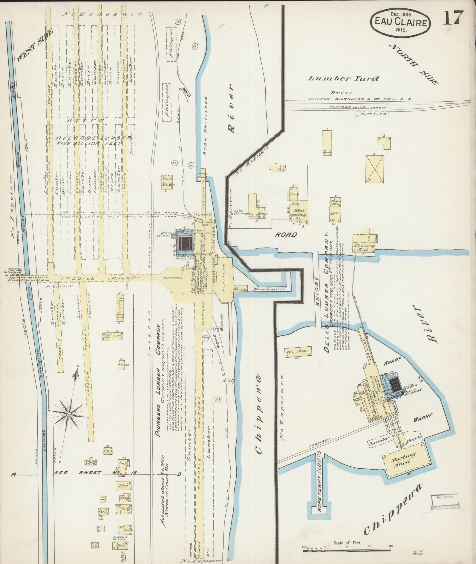 Sanborn Fire Insurance Map from Eau Claire, Eau Claire County, Wisconsin (1885), Sheet #0017 - Historic Sanborn Fire Insurance Map Print, vintage old map wall art, antique decor, genealogy gift, Wisconsin Wisconsin map