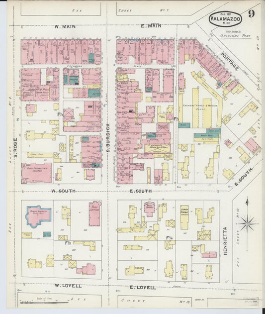 Sanborn Fire Insurance Map from Kalamazoo, Kalamazoo County, Michigan (1891), Sheet #0009 - Historic Sanborn Fire Insurance Map Print, vintage old map wall art, antique decor, genealogy gift, Michigan Michigan map