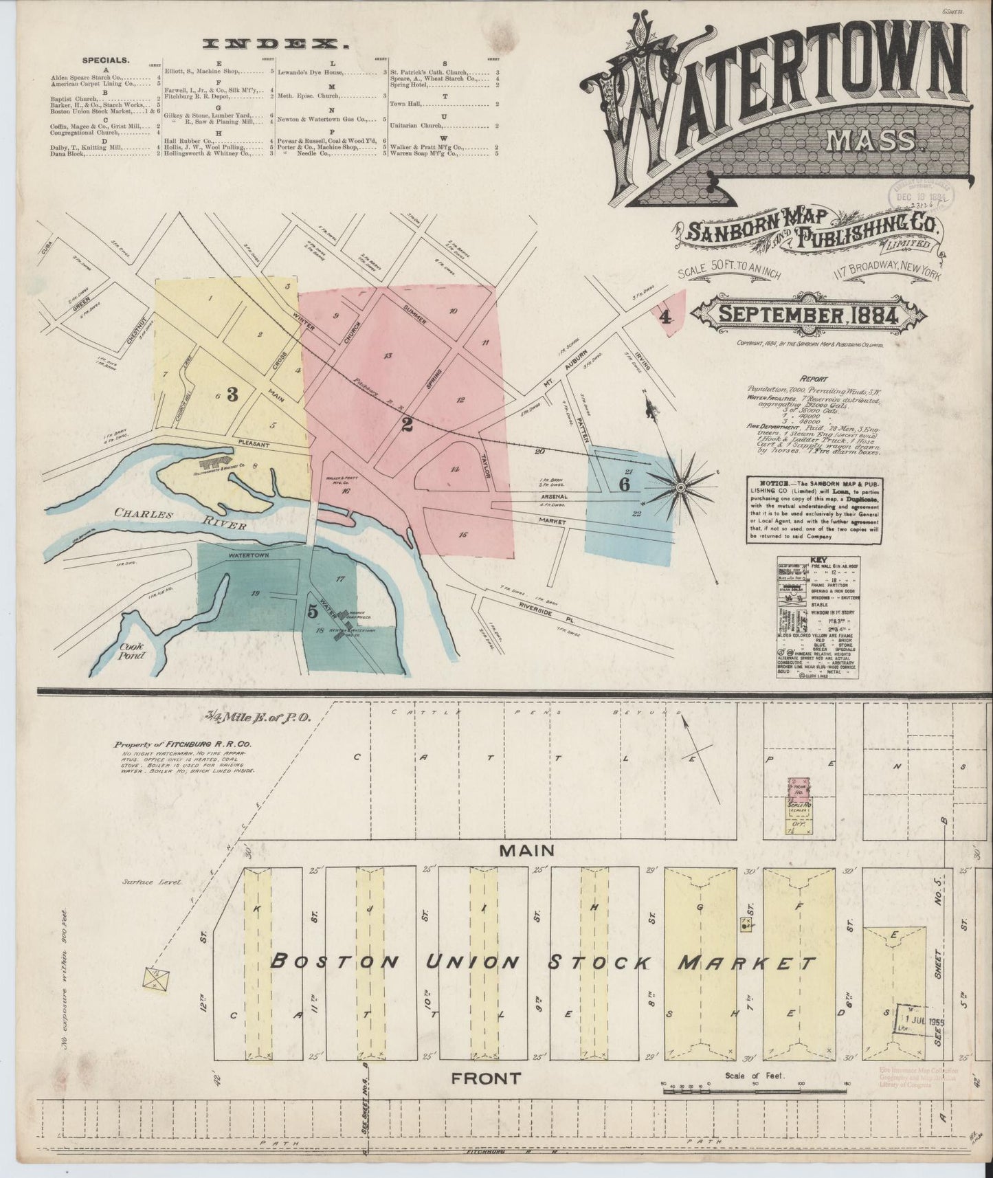 Sanborn Fire Insurance Map from Watertown, Middlesex County, Massachusetts (1884), Sheet #0001 - Historic Sanborn Fire Insurance Map Print, vintage old map wall art, antique decor, genealogy gift, Massachusetts Massachusetts map