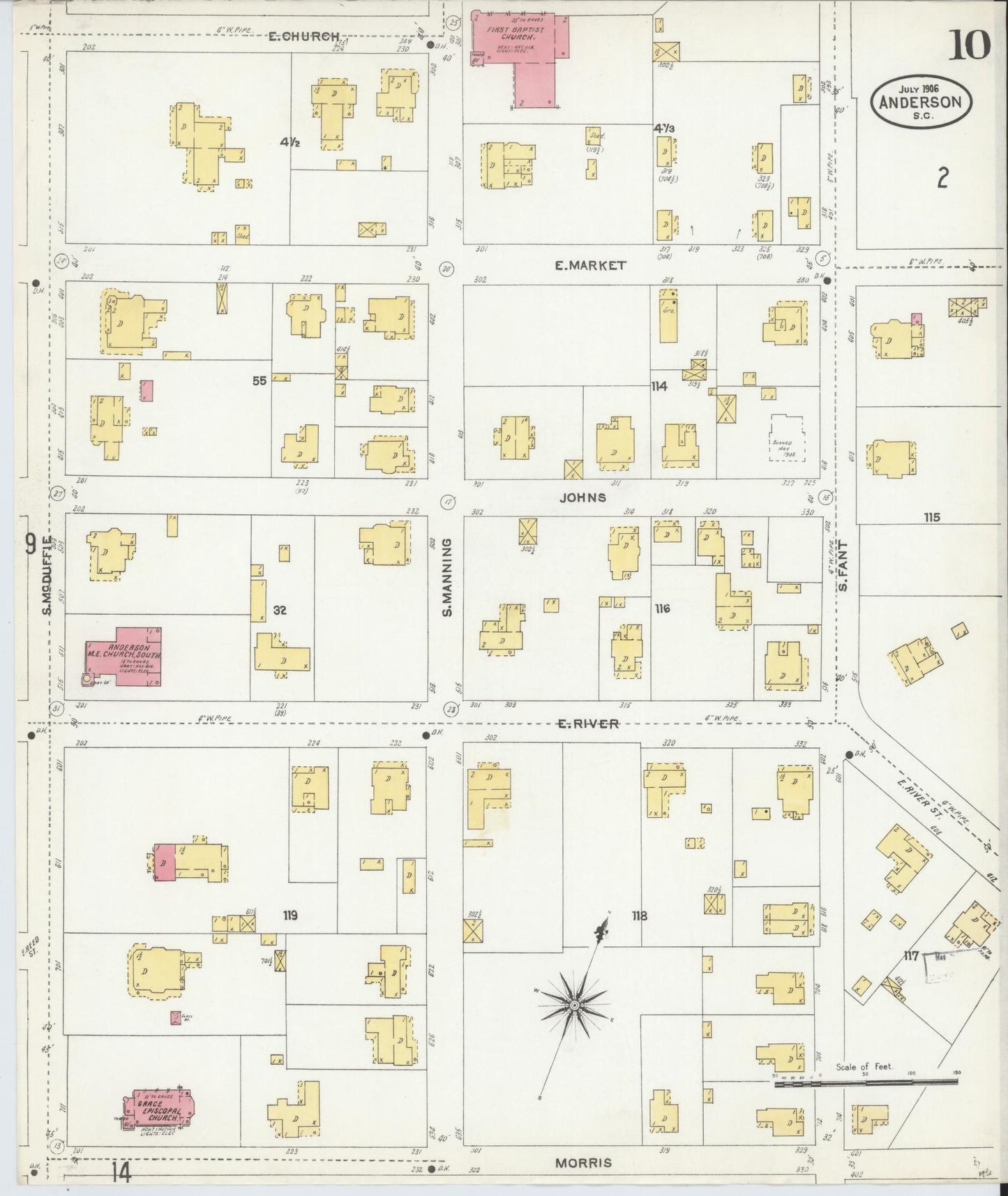 Sanborn Fire Insurance Map from Anderson, Anderson County, South Carolina (1906), Sheet #0010 - Complete Map Set gallery image, historic Sanborn map, vintage wall art, South Carolina South Carolina
