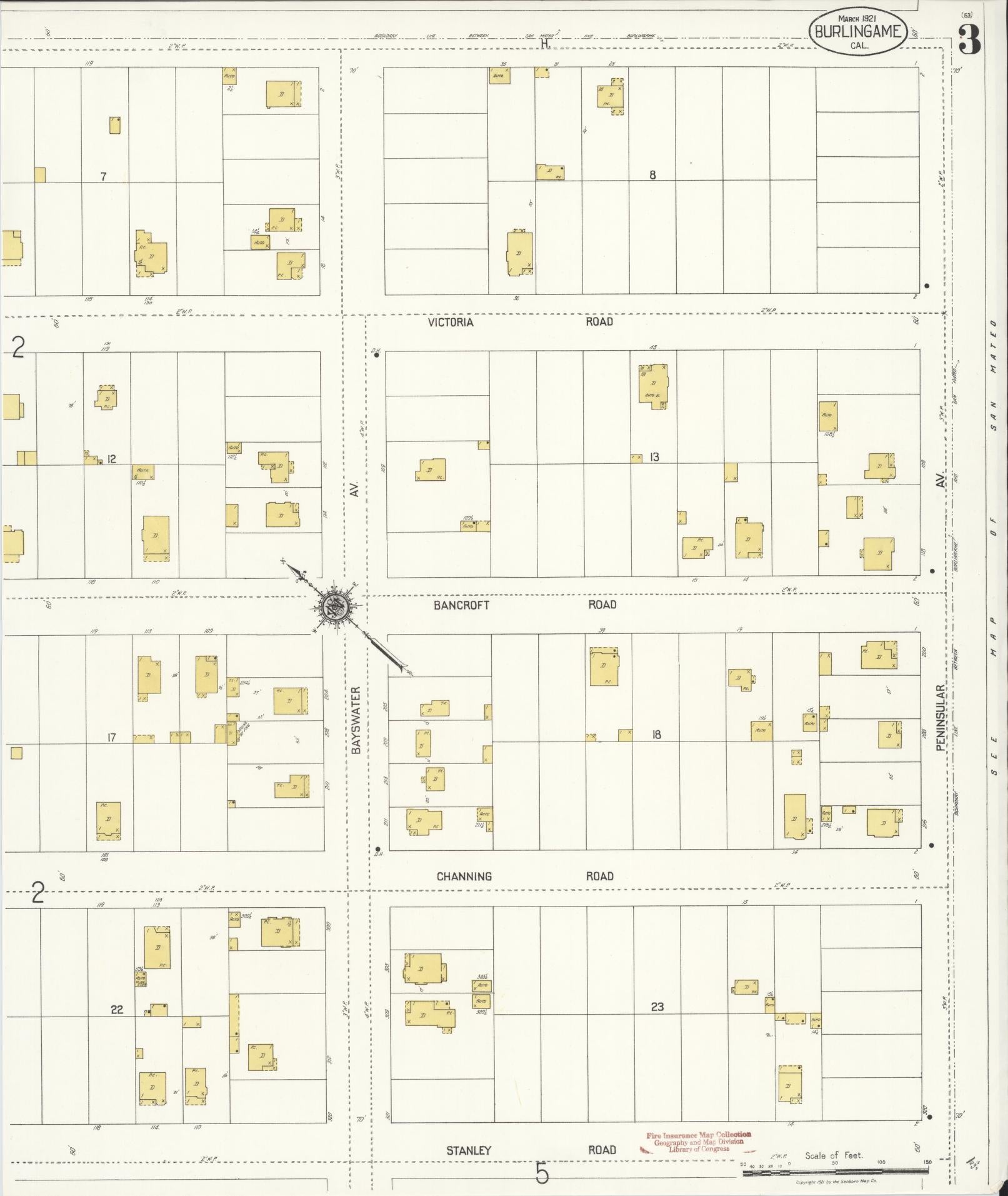Sanborn Fire Insurance Map from Burlingame, San Mateo County, California (1921), Sheet #0003 - Historic Sanborn Fire Insurance Map Print, vintage old map wall art, antique decor, genealogy gift, California California map
