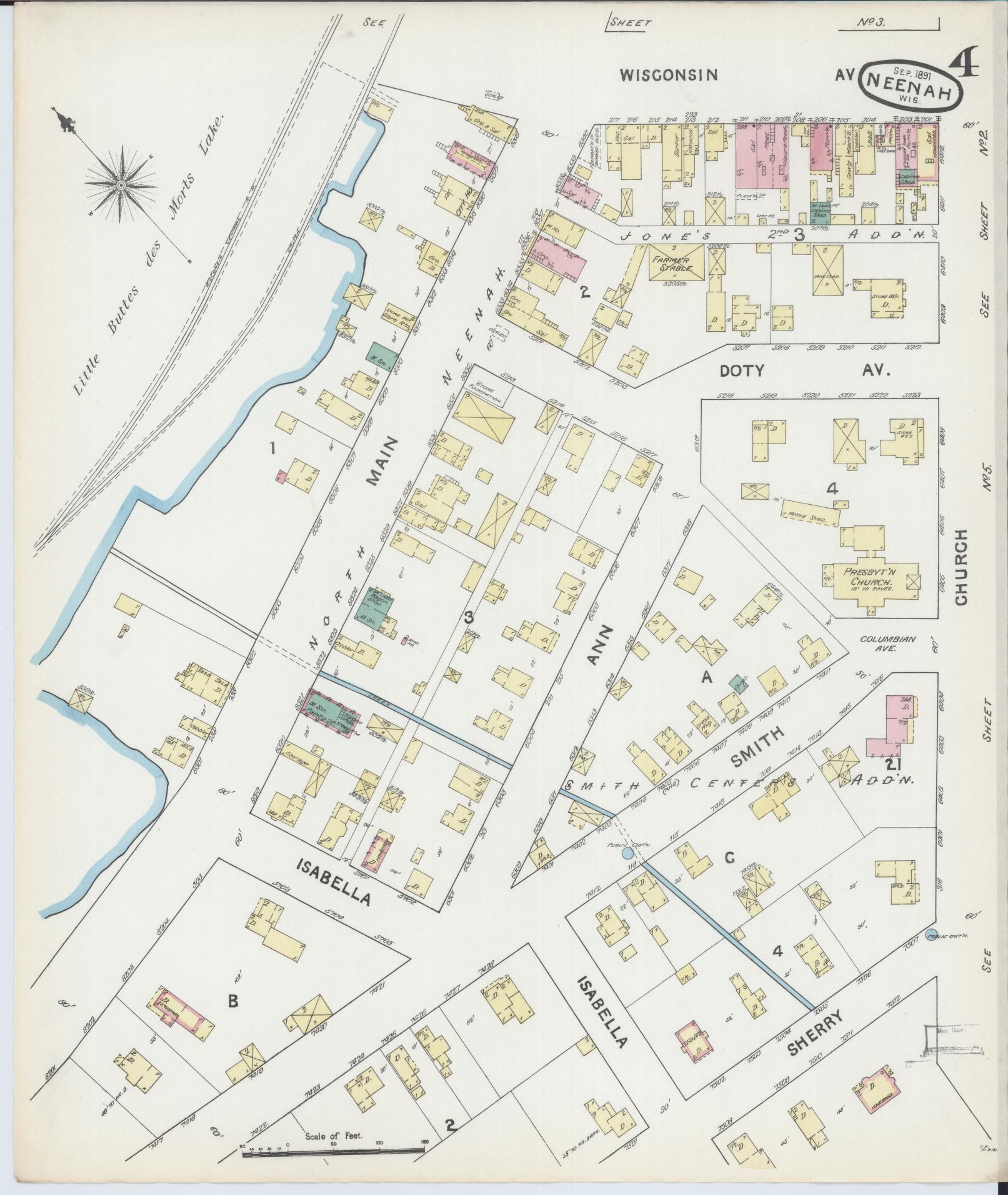 Sanborn Fire Insurance Map from Neenah, Winnebago County, Wisconsin (1891), Sheet #0004 - Complete Map Set gallery image, historic Sanborn map, vintage wall art, Wisconsin Wisconsin