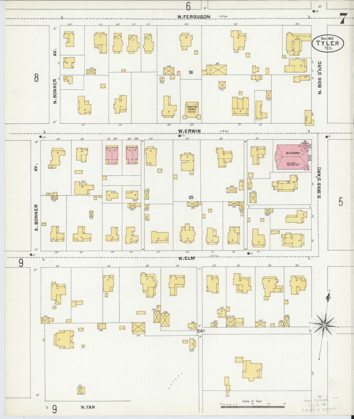 Sanborn Fire Insurance Map from Tyler, Smith County, Texas (1902), Sheet #0007 - Complete Map Set gallery image, historic Sanborn map, vintage wall art, Texas Texas