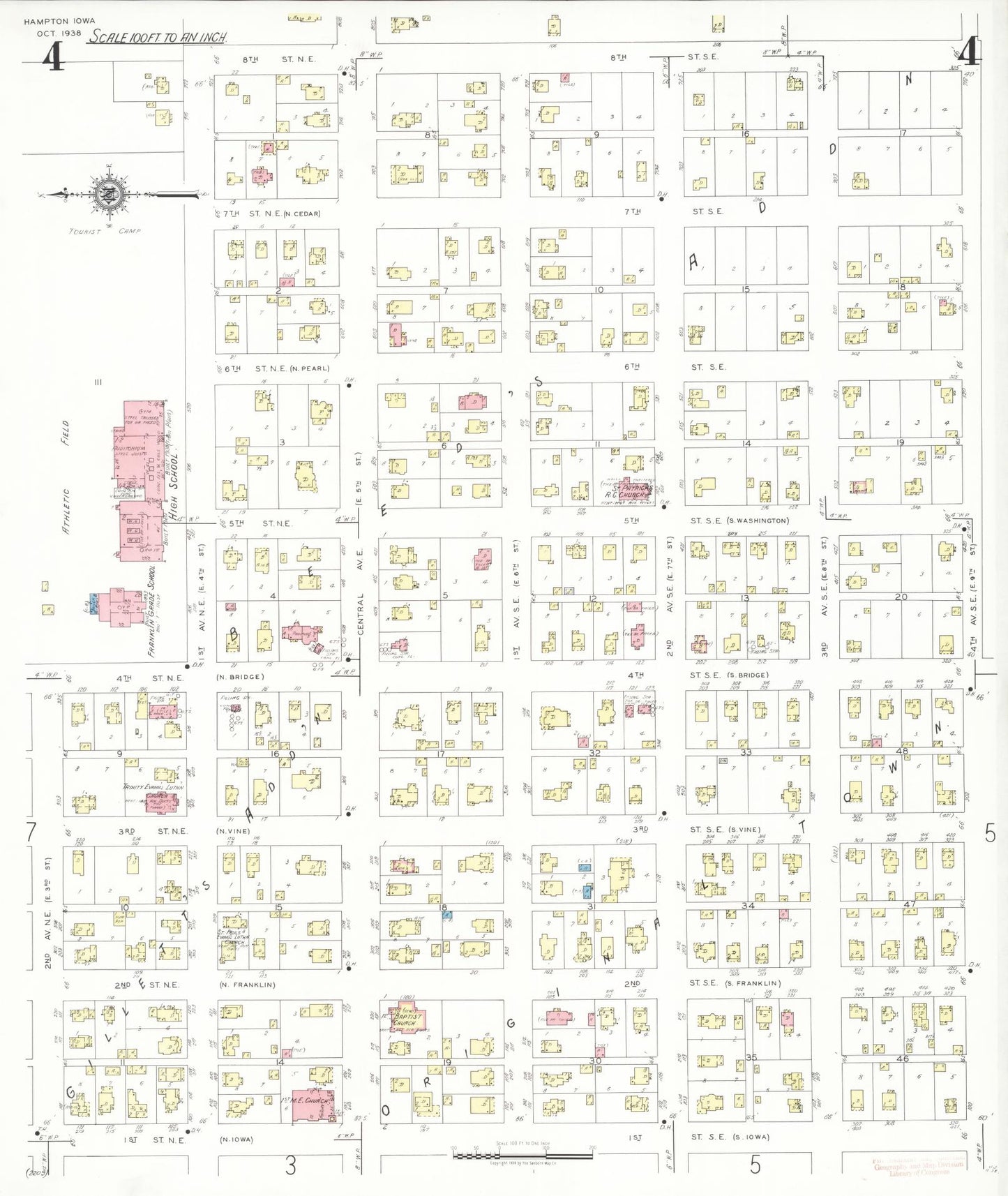 Sanborn Fire Insurance Map from Hampton, Franklin County, Iowa (1938), Sheet #0004 - Historic Sanborn Fire Insurance Map Print, vintage old map wall art