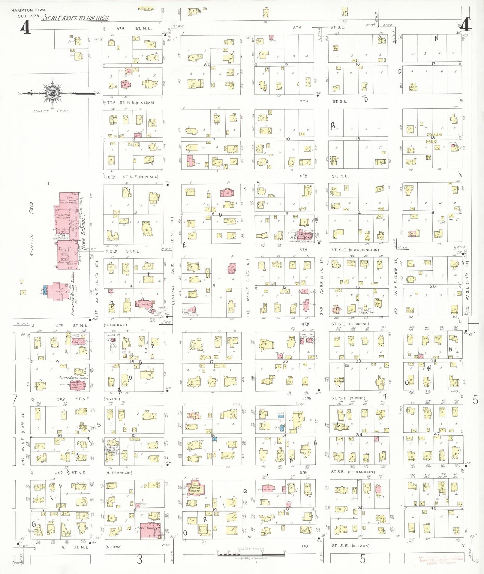 Sanborn Fire Insurance Map from Hampton, Franklin County, Iowa (1938), Sheet #0004 - Historic Sanborn Fire Insurance Map Print, vintage old map wall art
