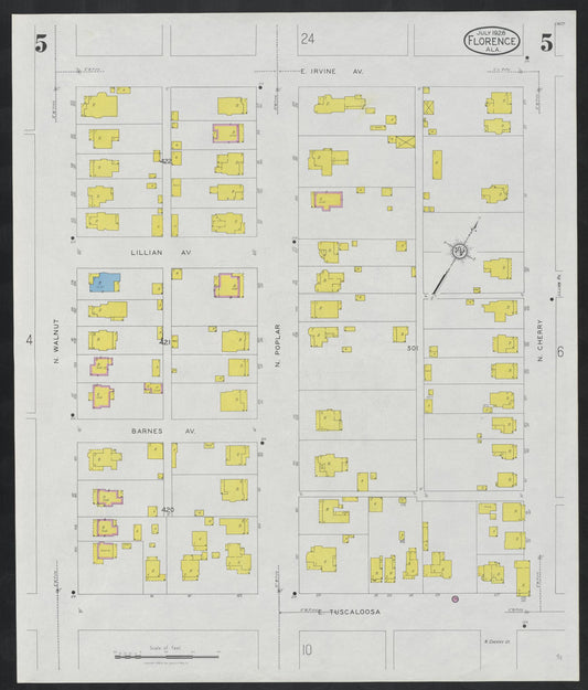 Sanborn Fire Insurance Map from Florence, Lauderdale County, Alabama (1928), Sheet #0005 - Historic Sanborn Fire Insurance Map Print, vintage old map wall art, antique decor, genealogy gift, Alabama Alabama map