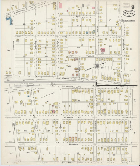 Sanborn Fire Insurance Map from Sayre, Bradford County, Pennsylvania (1915), Sheet #0009 - Historic Sanborn Fire Insurance Map Print, vintage old map wall art, antique decor, genealogy gift, Pennsylvania Pennsylvania map