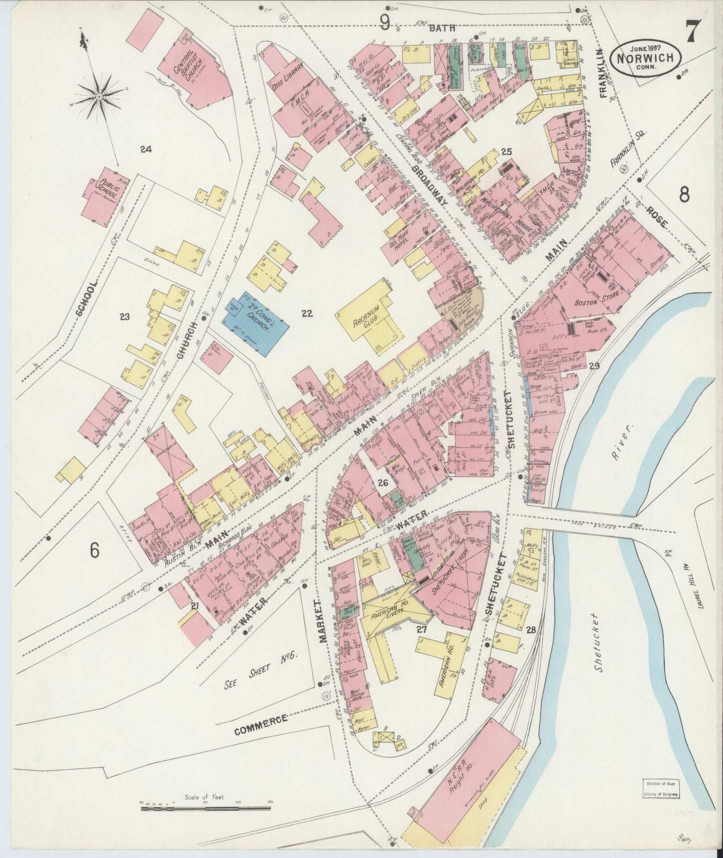 Sanborn Fire Insurance Map from Norwich, New London County, Connecticut (1897), Sheet #0007 - Historic Sanborn Fire Insurance Map Print, vintage old map wall art, antique decor, genealogy gift, Connecticut Connecticut map