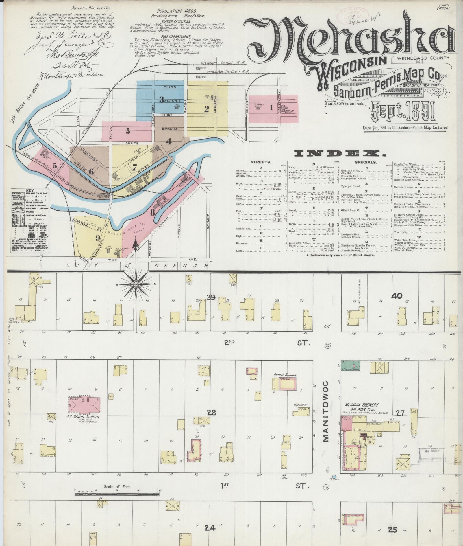 Sanborn Fire Insurance Map from Menasha, Winnebago County, Wisconsin (1891), Sheet #0001 - Complete Map Set gallery image, historic Sanborn map, vintage wall art, Wisconsin Wisconsin