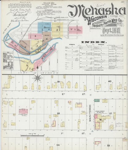 Sanborn Fire Insurance Map from Menasha, Winnebago County, Wisconsin (1891), Sheet #0001 - Complete Map Set gallery image, historic Sanborn map, vintage wall art, Wisconsin Wisconsin