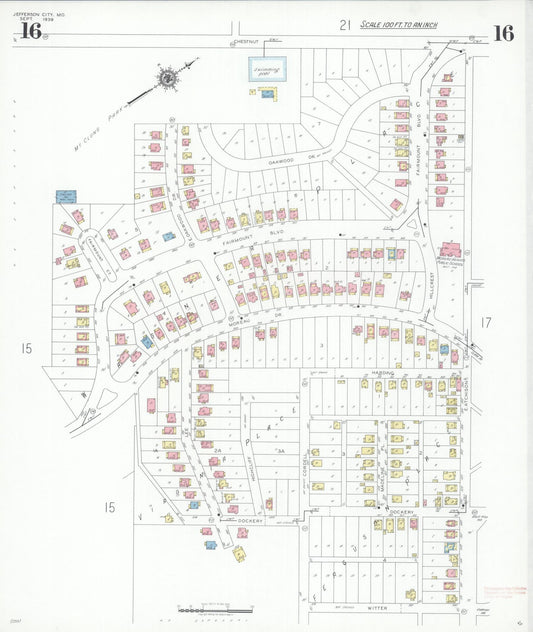 Sanborn Fire Insurance Map from Jefferson City, Cole County, Missouri (1939), Sheet #0016 - Historic Sanborn Fire Insurance Map Print, vintage old map wall art, antique decor, genealogy gift, Missouri Missouri map