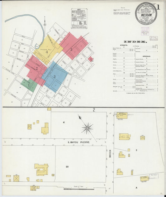 Sanborn Fire Insurance Map from Wesson, Copiah County, Mississippi (1905), Sheet #0001 - Complete Map Set gallery image, historic Sanborn map, vintage wall art, Mississippi Mississippi