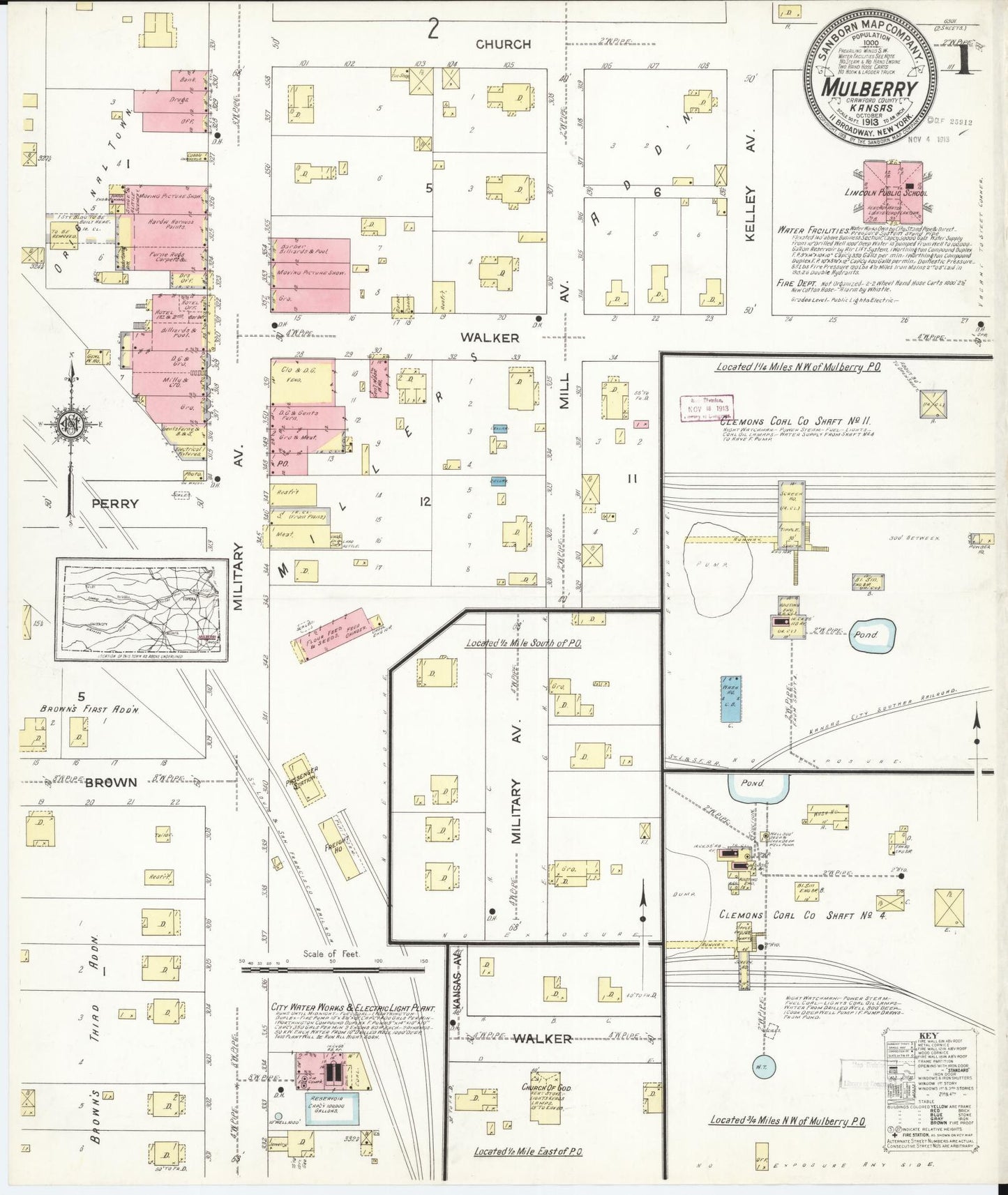 Sanborn Fire Insurance Map from Mulberry, Crawford County, Kansas (1913), Sheet #0001 - Complete Map Set gallery image, historic Sanborn map, vintage wall art, Kansas Kansas