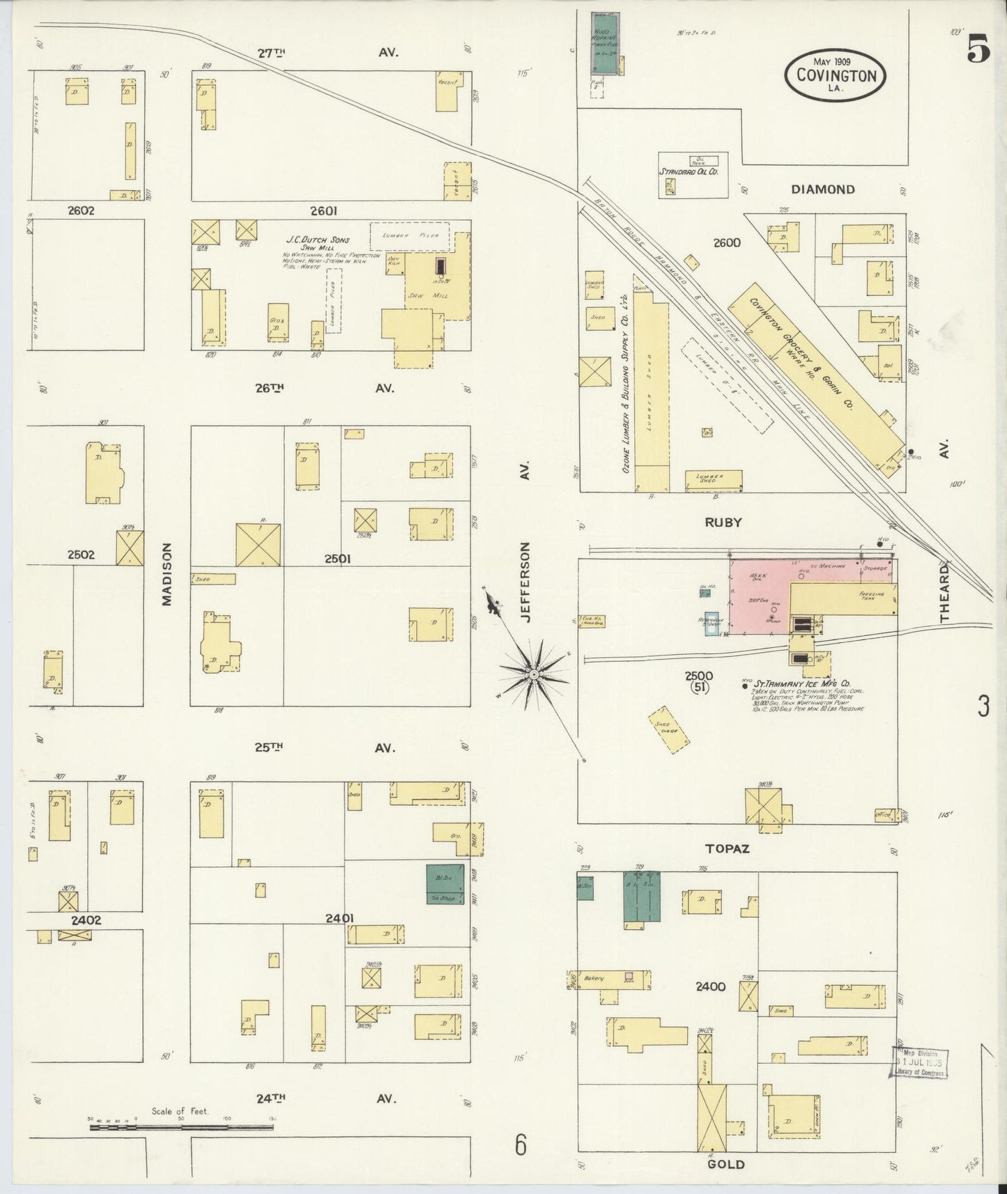 Sanborn Fire Insurance Map from Covington, Saint Tammany Parish, Louisiana (1909), Sheet #0005 - Complete Map Set gallery image, historic Sanborn map, vintage wall art, Louisiana Louisiana