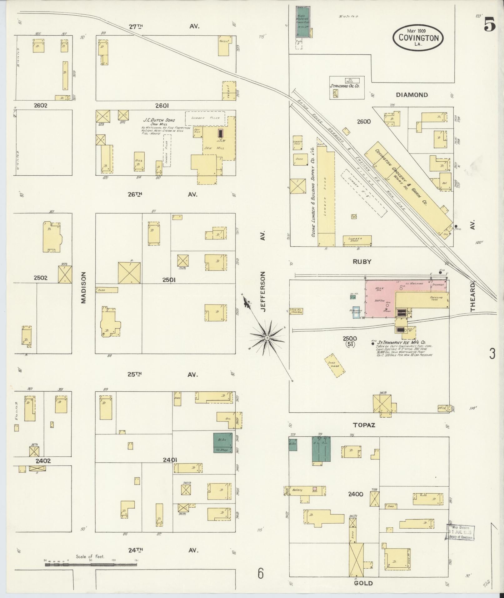 Sanborn Fire Insurance Map from Covington, Saint Tammany Parish, Louisiana (1909), Sheet #0005 - Complete Map Set gallery image, historic Sanborn map, vintage wall art, Louisiana Louisiana