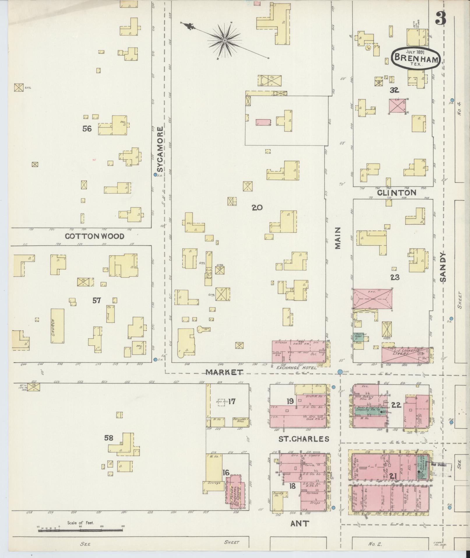 Sanborn Fire Insurance Map from Brenham, Washington County, Texas (1891), Sheet #0003 - Historic Sanborn Fire Insurance Map Print, vintage old map wall art, antique decor, genealogy gift, Texas Texas map
