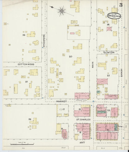 Sanborn Fire Insurance Map from Brenham, Washington County, Texas (1891), Sheet #0003 - Historic Sanborn Fire Insurance Map Print, vintage old map wall art, antique decor, genealogy gift, Texas Texas map