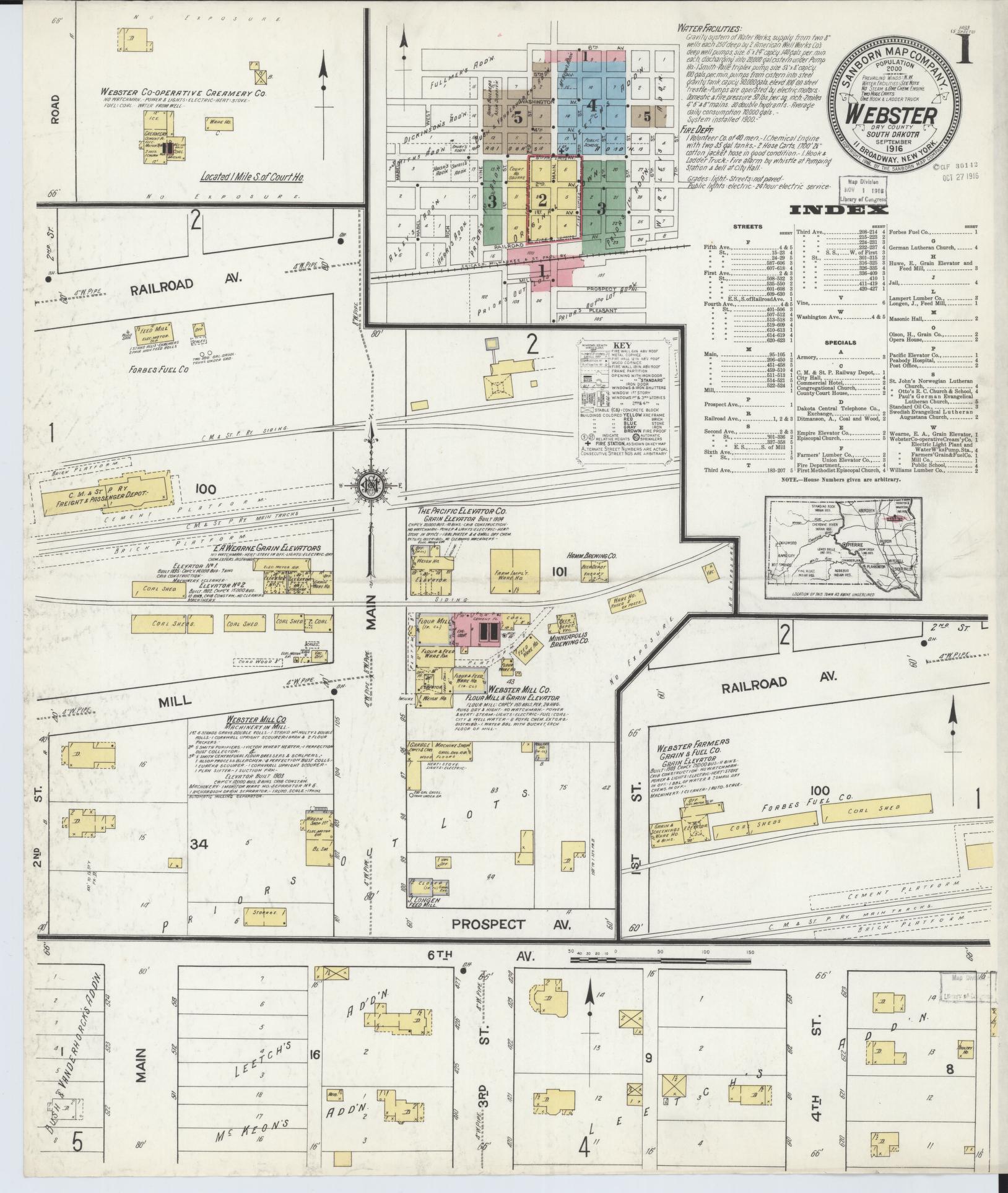 Sanborn Fire Insurance Map from Webster, Day County, South Dakota (1916), Sheet #0001 - Complete Map Set gallery image, historic Sanborn map, vintage wall art, South Dakota South Dakota