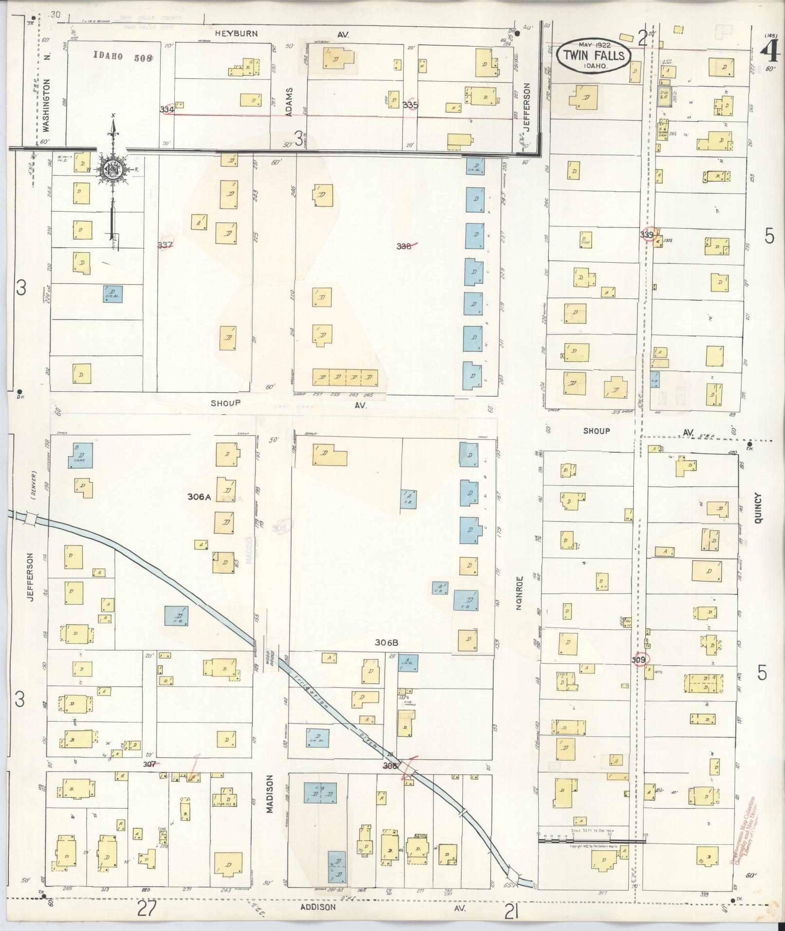 Sanborn Fire Insurance Map from Twin Falls, Twin Falls County, Idaho (1949), Sheet #0004 - Complete Map Set gallery image, historic Sanborn map, vintage wall art, Falls Idaho
